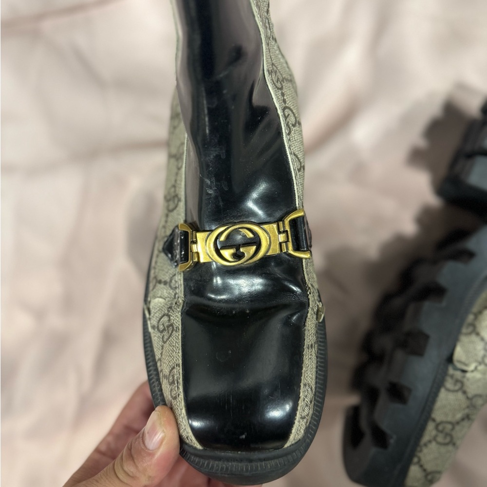 Gucci Beige GG Canvas & Black Patent Leather Combat Boots with Gold Hardware - Picture 6 of 10